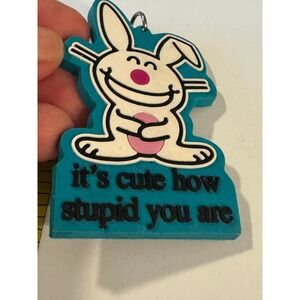 Vintage Its Happy Bunny Keychain Jim Benton Cute How Stupid You Are Teal K-HB-14